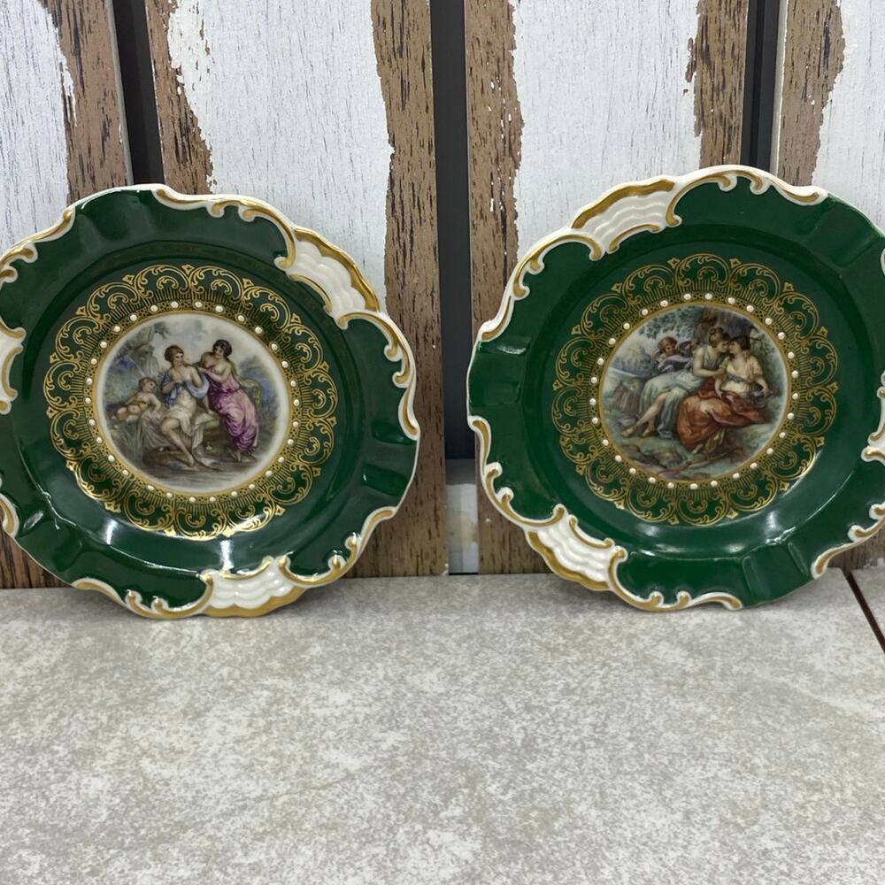 Mitterteich Ashtray Bavaria Germany Porcelain Small Plate 5 3/4” Green Set Of 2